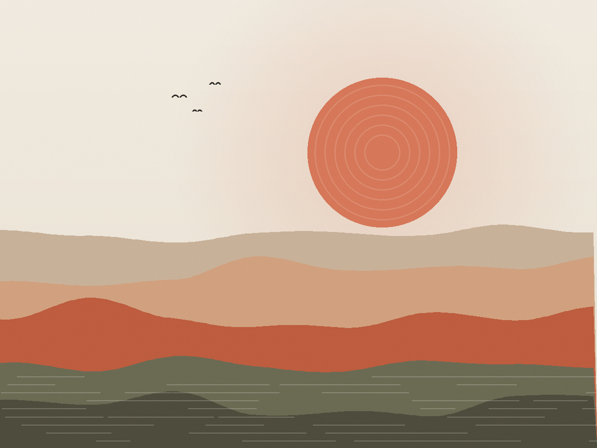 Minimal editorial illustration: a terracotta sun over layered clay hills — the sample generated file
